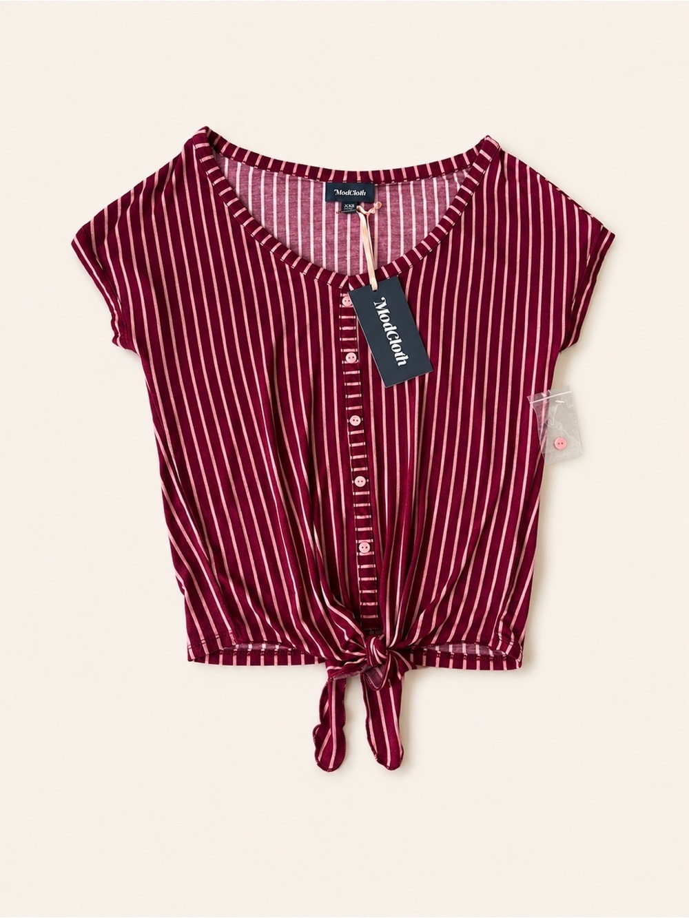 NWT ModCloth Timely Arrival Tie Waist Top -
Red and Pink Stripes - Picture 2 of 10